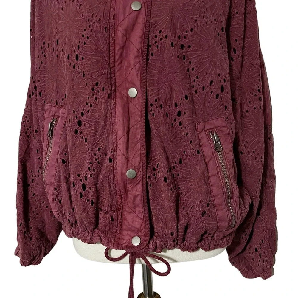 Free People Daisy Jane Eyelet Embroidered Bomber Jacket In Raspberry